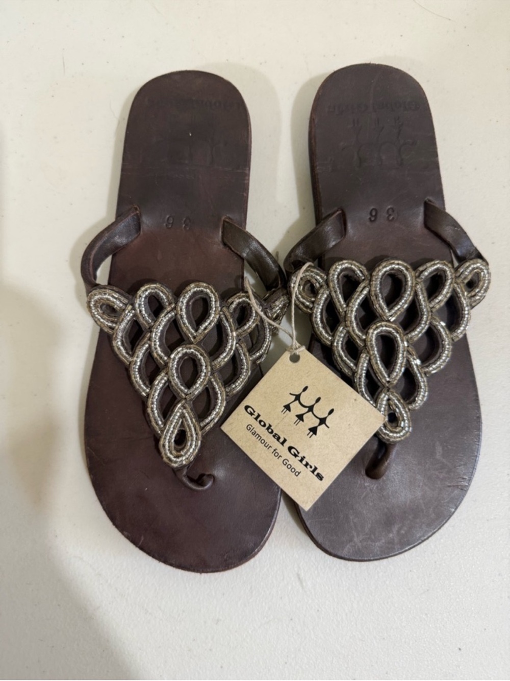 Global girls Brown Leather Beaded Loop Sandals - Brown